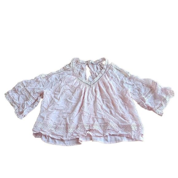 Rebecca minkoff womens Sz M baby pink cold shoulder crochet top - Picture 1 of 8